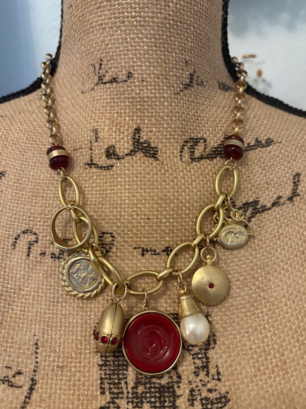 Chico's Gold-Tone Charm Necklace with Red and Pearl Accents
